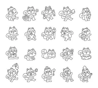 Squirrel character set in outline line art Stock Illustration