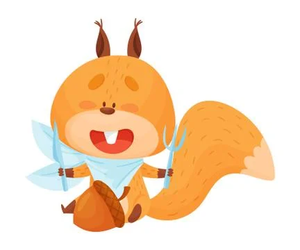 Squirrel Character Sitting with Fork and Knife Ready to Eat Acorn イラスト素材