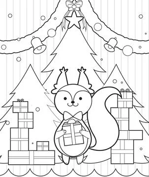 Squirrel christmas winter coloring book page Stock Illustration