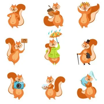 Squirrel Different Activities Set Of Girly Character Stickers Stock Illustration