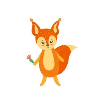 Squirrel with flower isolated in white background. Illustration of smiling baby Stock Illustration