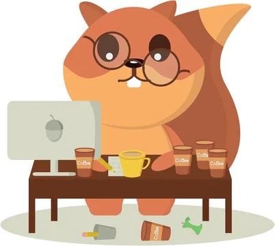 Squirrel in glasses works at a computer. Vector graphics on the theme of work Stock Illustration