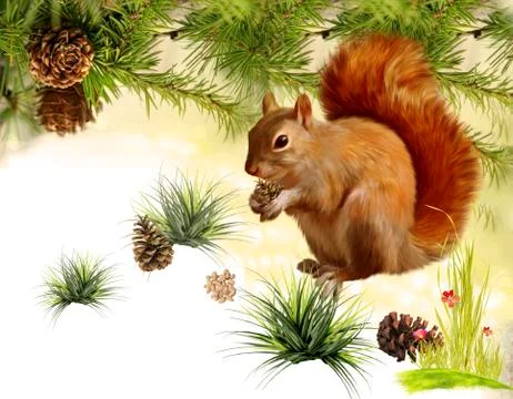 The squirrel gnaws nutlets from cones under cedars. Children's illustration Stock-Illustration