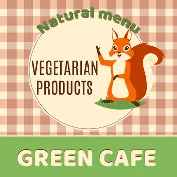 Squirrel green cafe banner vector illustration. Natural menu with vegetarian Stock Illustration