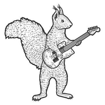 Squirrel plays the electric guitar. Engraving vector illustration. Stock Illustration