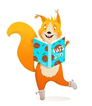 Squirrel Reading Book Story about Nuts for Kids Stock Illustration