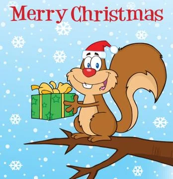 Squirrel With Santa Hat Holding A Gift Under Merry Christmas Text Stock Illustration