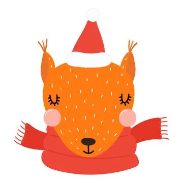 Squirrel in a Santa hat, red scarf isolated Stock Illustration