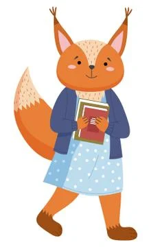 A squirrel schoolgirl with stack of books is standing at full heigth, animal Stock Illustration