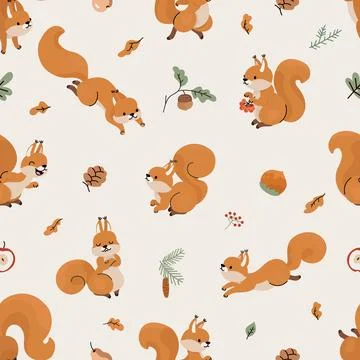 Squirrel seamless pattern. Cute forest squirrels, cartoon funny wild characters Illustrazione stock