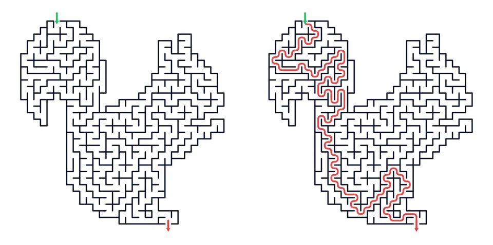 Squirrel shaped maze puzzle for logic development. Educational worksheet with Illustrazione stock