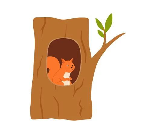 Squirrel is sitting in a hollow tree, vector flat illustration on a white Stock Illustration