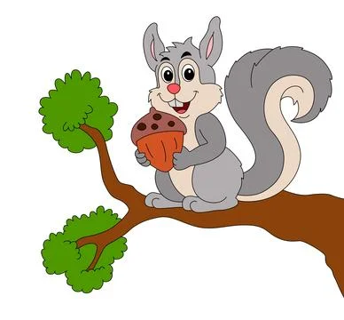 Squirrel sitting on a tree branch with acorn Stock Illustration