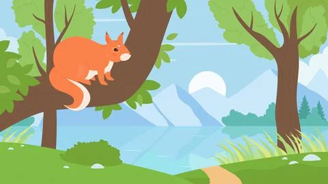 Squirrel sitting on tree branch in forest nature, wild animal playing in summer イラスト素材