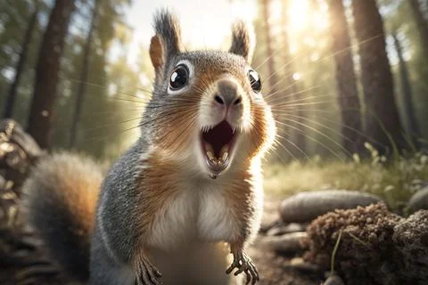 A squirrel is standing on its hind legs and yawning with its mouth open ult.. Illustrazione stock