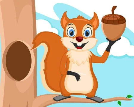 Squirrel stands on a tree branch and holds a nut. Illustrazione stock