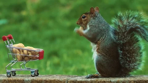 Squirrel taking peanut from shopping cart full of nuts, customer, marketing Stock Footage 319762124