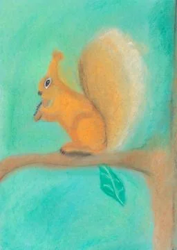 Squirrel on tree branch child s drawing - squirrel on tree branch nibbles ... Stock Photos