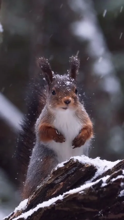 Squirrel on a tree branch during snowfall Stock Footage 321184762