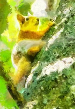Squirrel on tree digital painting Stock Illustration