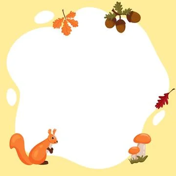 Squirrel. Vector frame in the form of a spot with elements of autumn, in a fl Stock Illustration