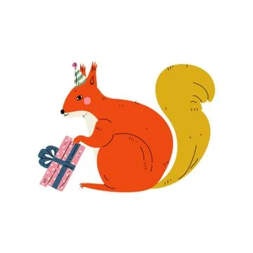 Squirrel Wearing Party Hat with Gift Box, Cute Animal Character for Happy 스톡 일러스트