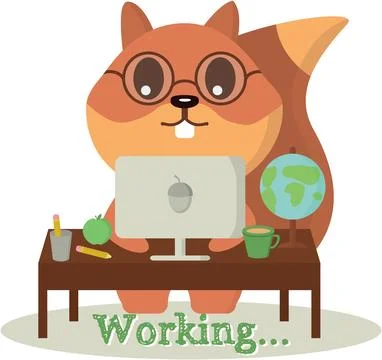 Squirrel works at the computer. Vector graphics on the theme of work Stock Illustration