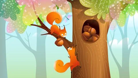Squirrels in Autumn Forest Stocking Nuts in Hollow Stock Illustration