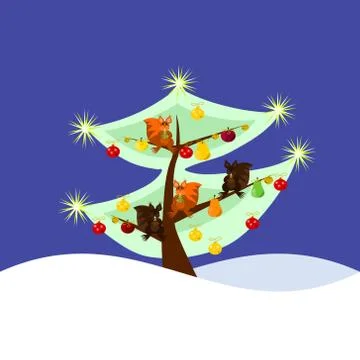 Squirrels on decorated chritsmas tree Stock Illustration