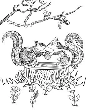 Squirrels facing each other on the top of a tree stump, holding an acorn - great Illustrazione stock