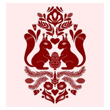 Squirrels. Folk-style pattern, symmetrical, detailed vector element. Rustic,  Stock Illustration