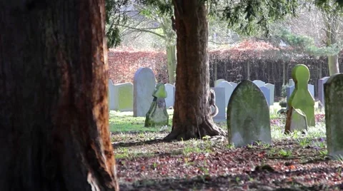 Squirrels Play and Climb Trees in Picturesque Church Yard in Morning Light 動画素材 48980285