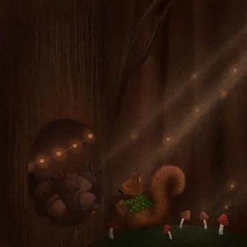 Squirrels stocking hazelnuts in a tree in forest, autumn cozy warm illustration. Ilustración de archivo