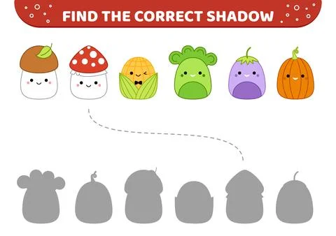 Squishmallow vegetables. Find the correct shadow. Shadow matching game. Cartoon Illustrazione stock