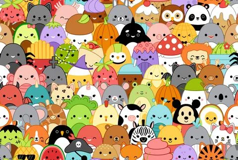 Squishmallow on very big pattern. More squishmallow. Kawaii, Vector Stock Illustration