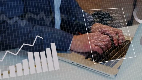 Sr analyst typing on laptop creating HUD charts and binary overlay crowding Stock Footage 333925365