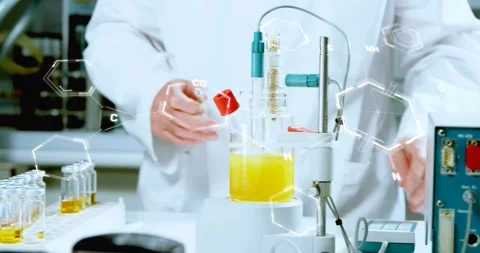 Sr chemist placing sample on balance, turning knobs and starting reaction for 库存影片 330621528