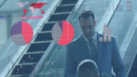Sr exec checking phone on escalator tracking market data as HUD charts reflowing Stock Footage 331286814