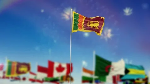 Sri Lanka Flag With Flags Of The World And Fireworks Moring And Night 3D Render Video stock 149958385