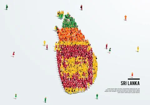 Sri Lanka Map and Flag. A large group of people in the Sri Lankan flag color. Stock Illustration