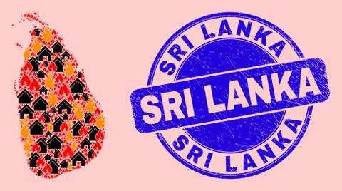 Sri Lanka Map Collage of Flame and Properties and Grunge Sri Lanka Stamp Ilustração Stock