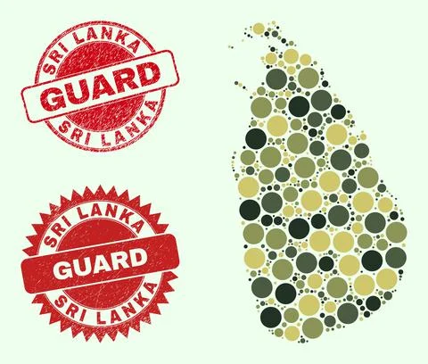 Sri Lanka Map Composition with Camo Military Circle Elements with Distress Guard Stock Illustration