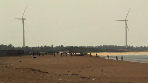 Sri Lanka men ready nets on beach for evening fishing Stock Footage 34957062