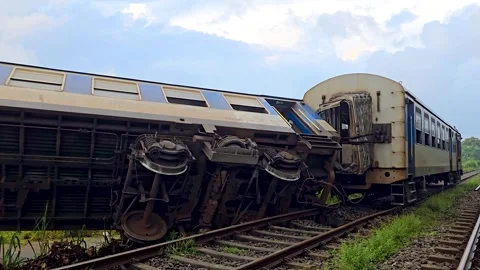 Sri Lanka Train Crash: Overturned Passenger Coach and Track Damage. 4K Vídeos de archivo 334985441