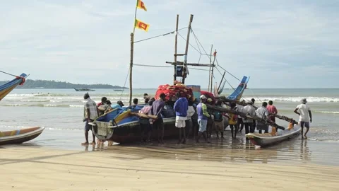 Sri Lankan Fishermen Pulling Large Wooden Fishing Boat onto Beach Stock Footage 337058525