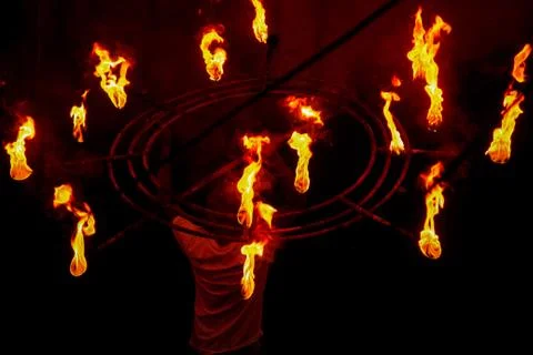 A srilankan does a fire show during esala perehera Stock Photos