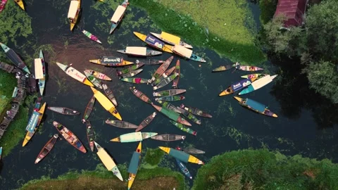 Srinagar, India-August 15 2025- Aerial drone shot of vendors on boats selling 動画素材 310786124