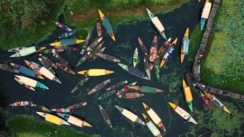 Srinagar, India-August 15 2025- Drone view of tightly packed boats in Dal Lake’s Stock Footage 310786730