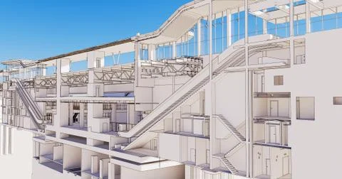 Сross-section view of BIM model of the metro station and transport hub building Ilustración de archivo