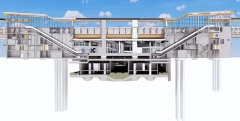 Сross-section view of BIM model of the metro station and transport hub building Ilustración de archivo